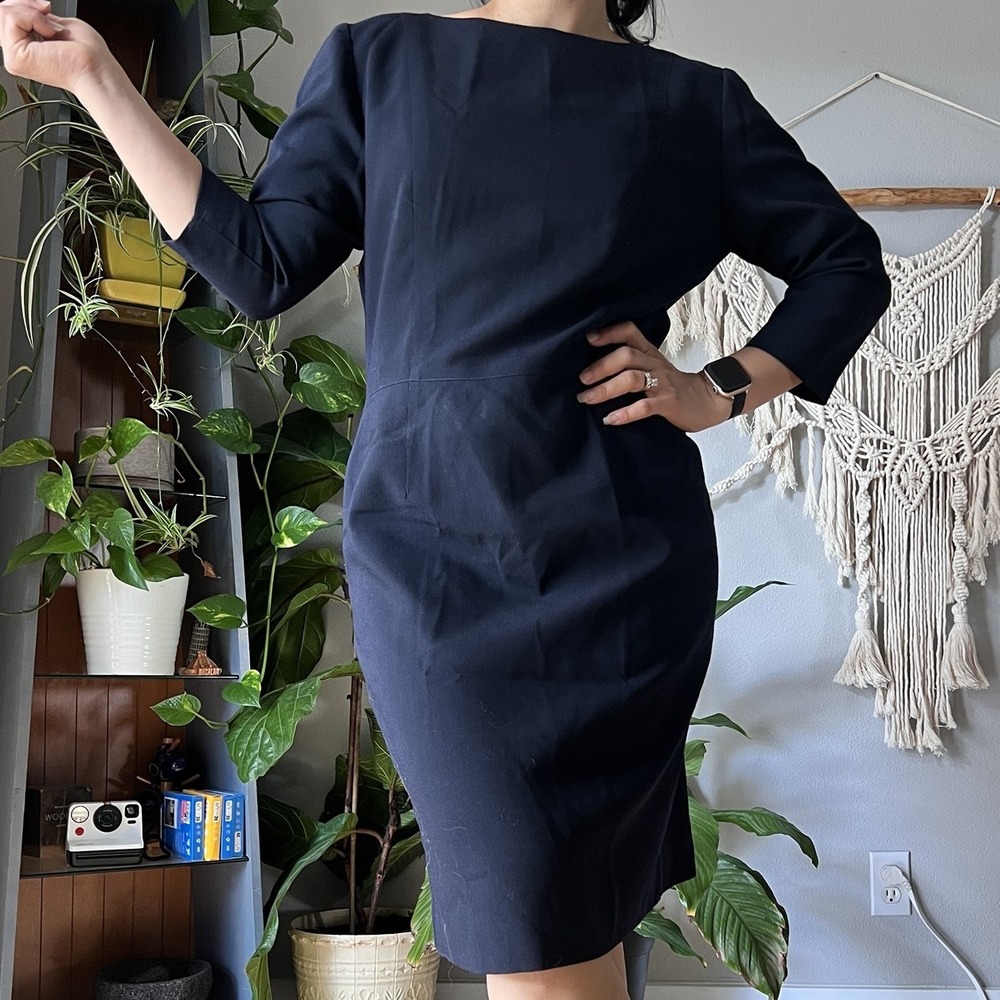 Sara Campbell Navy Blue Crepe Sheath Dress Office Work Size 8 modest 3/4 sleeves